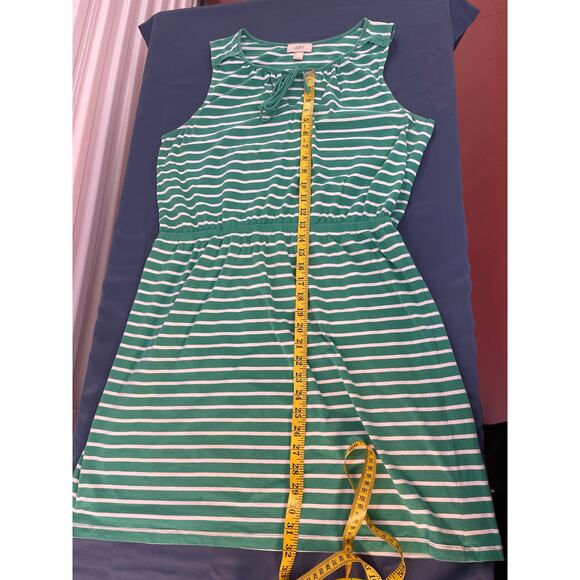 Loft Green White Stripe Sleeveless T Shirt Dress Drawstring Waist Large PreOwned - Picture 6 of 8